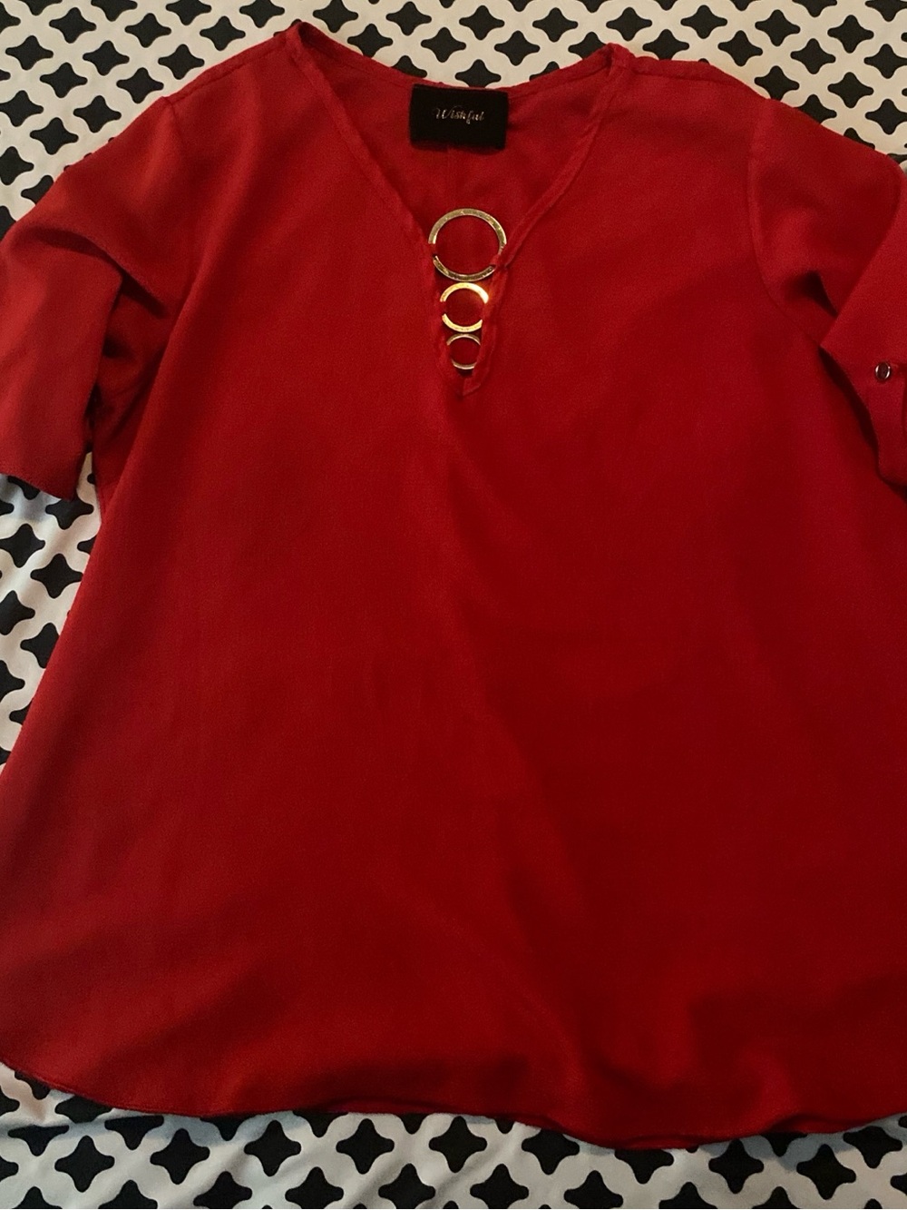 Willi Smith Red V-Neck Tunic with Gold Ring Detail